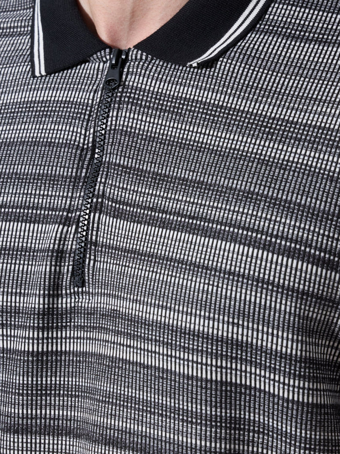 Rusel - Black Striped Half Zip Regular Polo T-Shirt