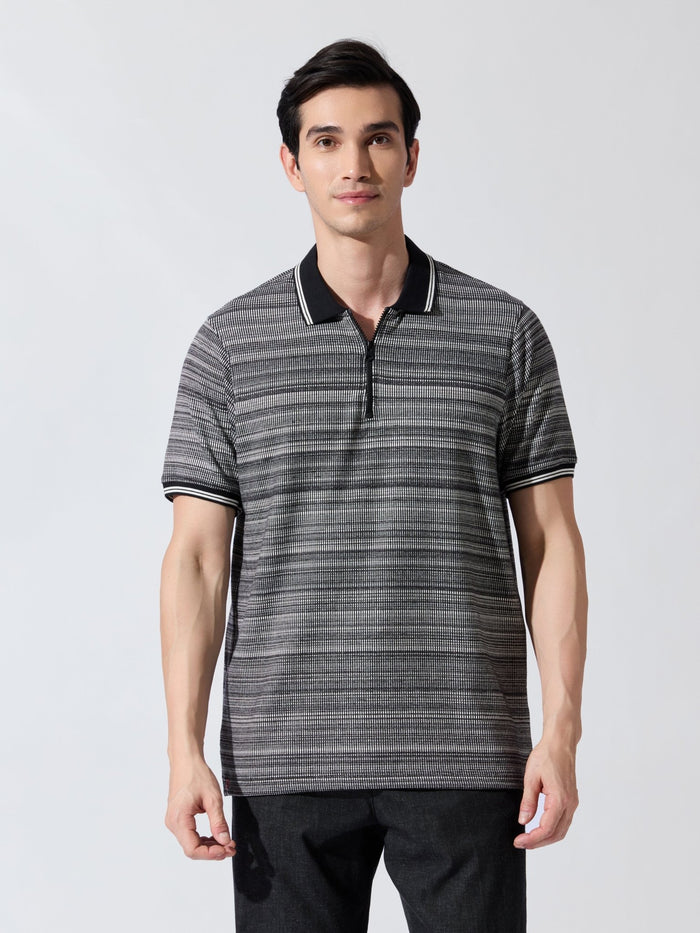 Rusel - Black Striped Half Zip Regular Polo T-Shirt