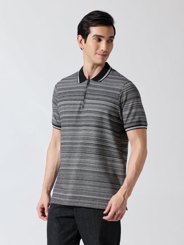 Rusel - Black Striped Half Zip Regular Polo T-Shirt