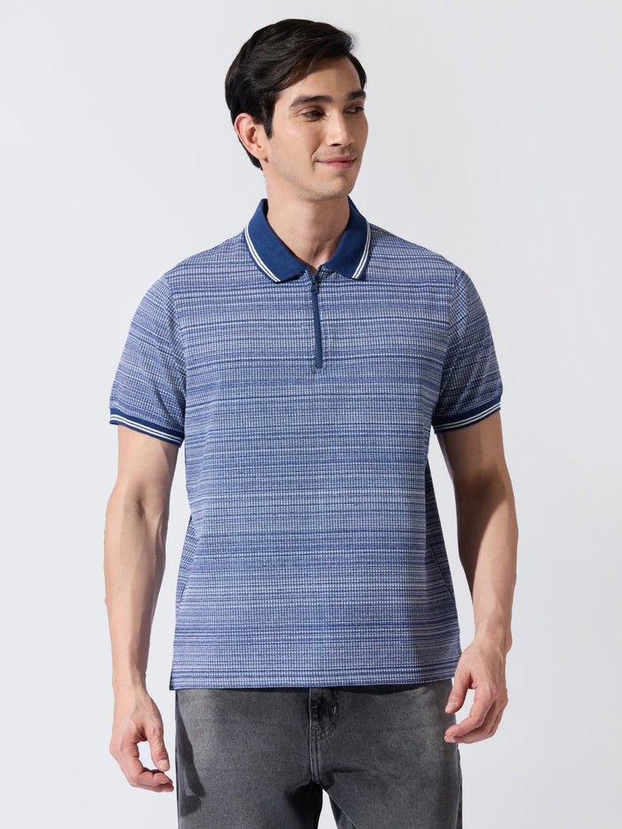Rusel - Blue Striped Half Zip Regular Polo T-Shirt