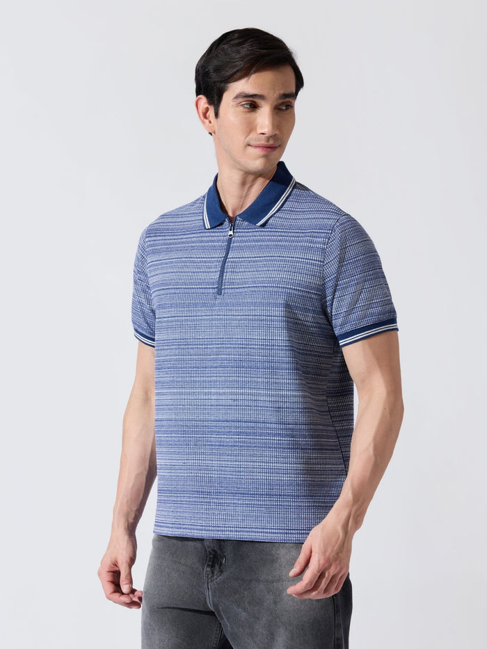 Rusel - Blue Striped Half Zip Regular Polo T-Shirt