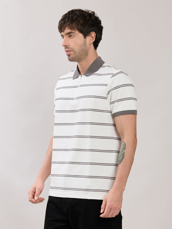Rusel - Grey Striped Half Zip Regular Polo T-Shirt