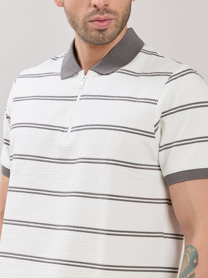 Rusel - Grey Striped Half Zip Regular Polo T-Shirt