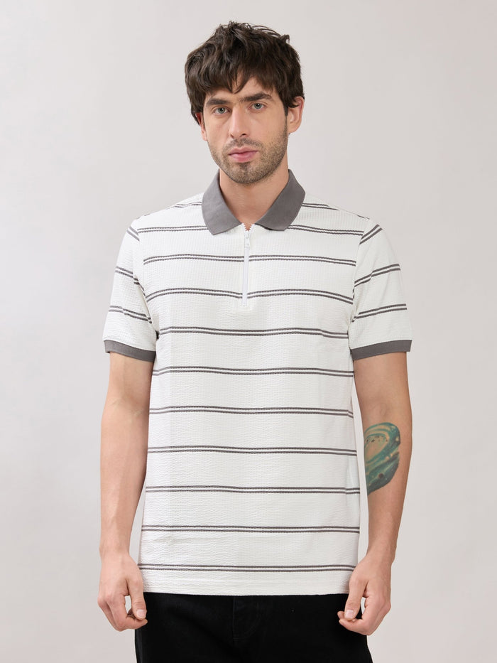 Rusel - Grey Striped Half Zip Regular Polo T-Shirt
