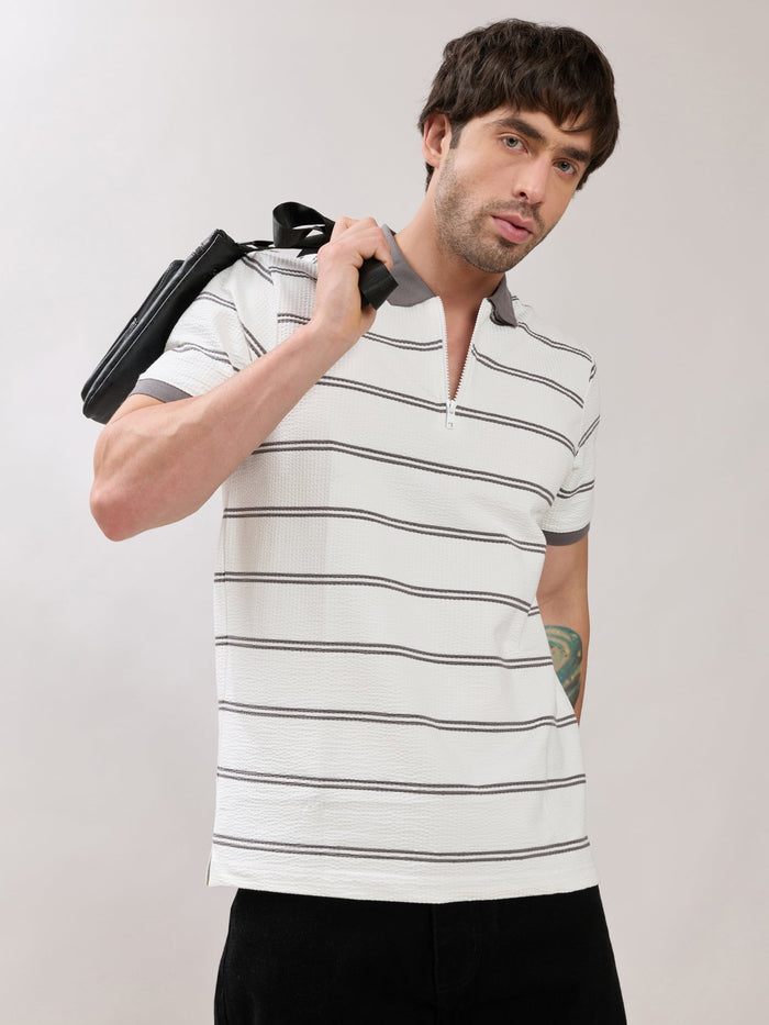 Rusel - Grey Striped Half Zip Regular Polo T-Shirt