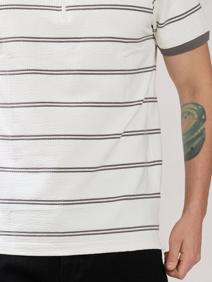 Rusel - Grey Striped Half Zip Regular Polo T-Shirt