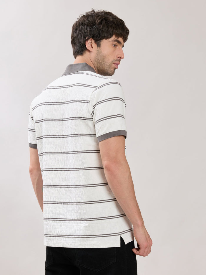 Rusel - Grey Striped Half Zip Regular Polo T-Shirt