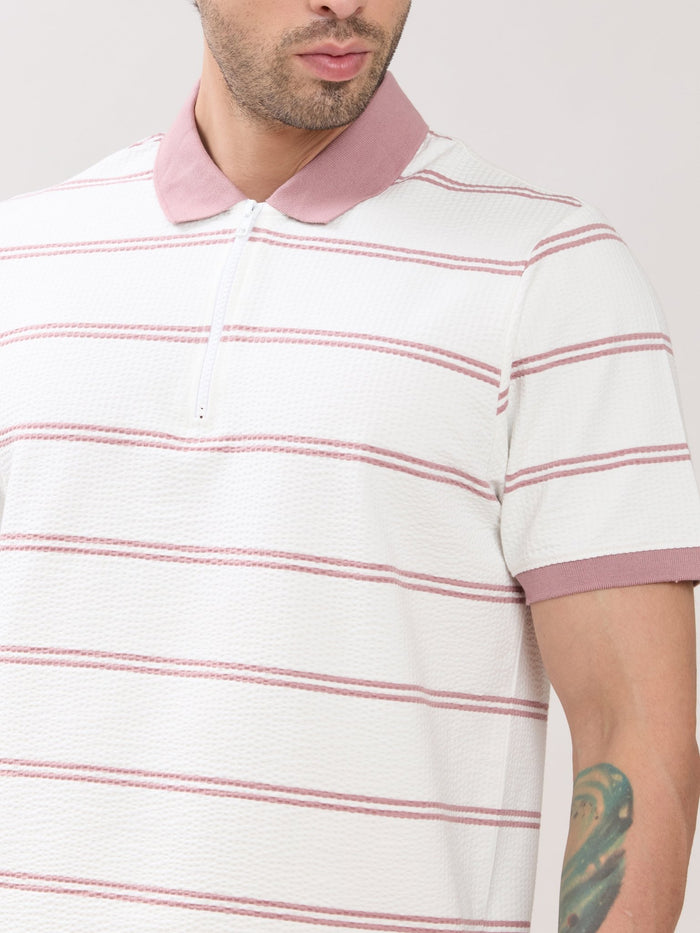 Rusel - Pink Striped Half Zip Regular Polo T-Shirt