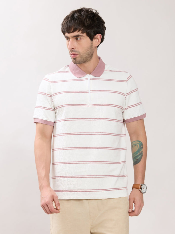 Rusel - Pink Striped Half Zip Regular Polo T-Shirt