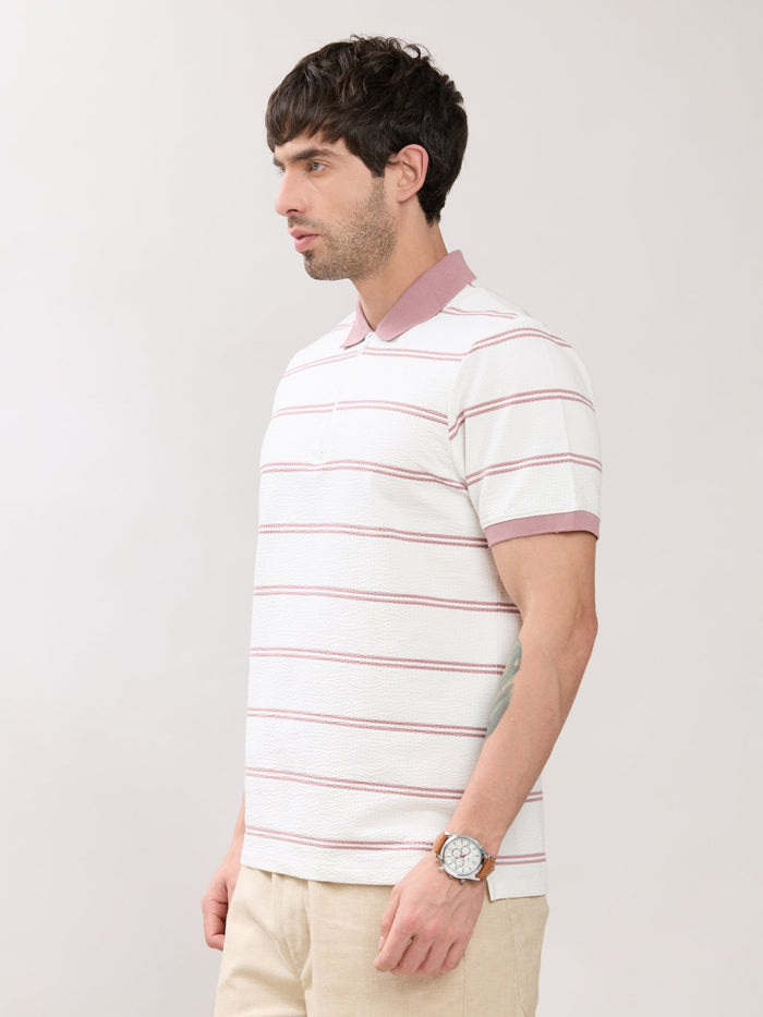 Rusel - Pink Striped Half Zip Regular Polo T-Shirt