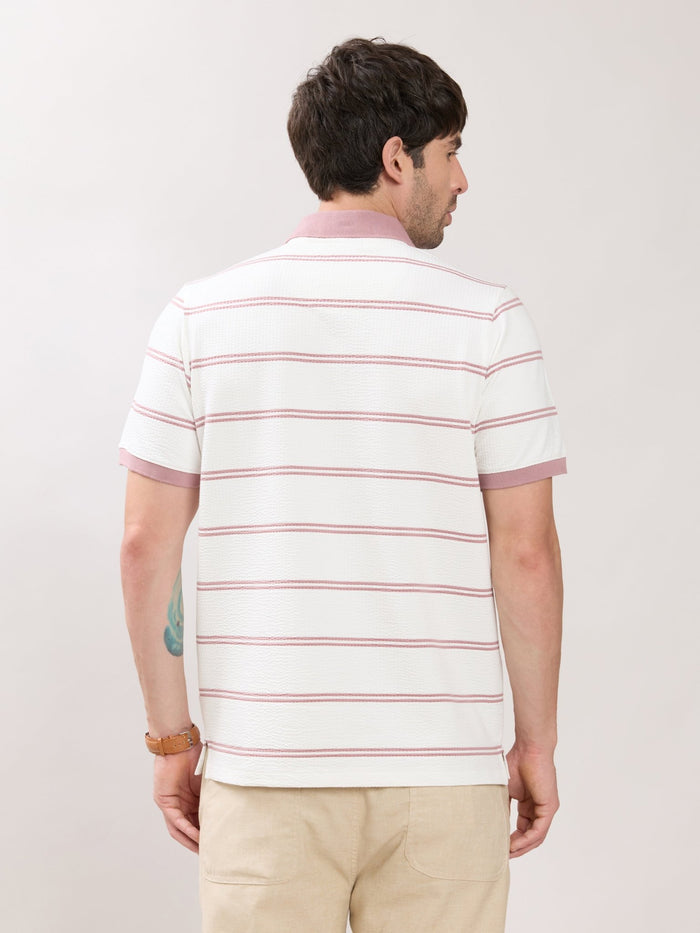 Rusel - Pink Striped Half Zip Regular Polo T-Shirt