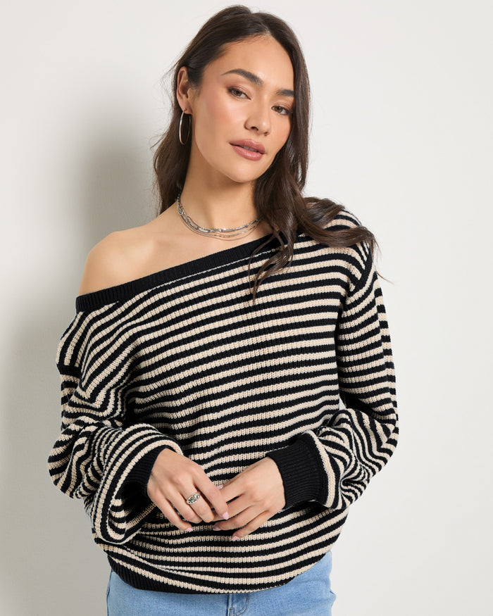 Black/Birch $|& SEAS Sandy Boat Neck Sweater - SOF Front