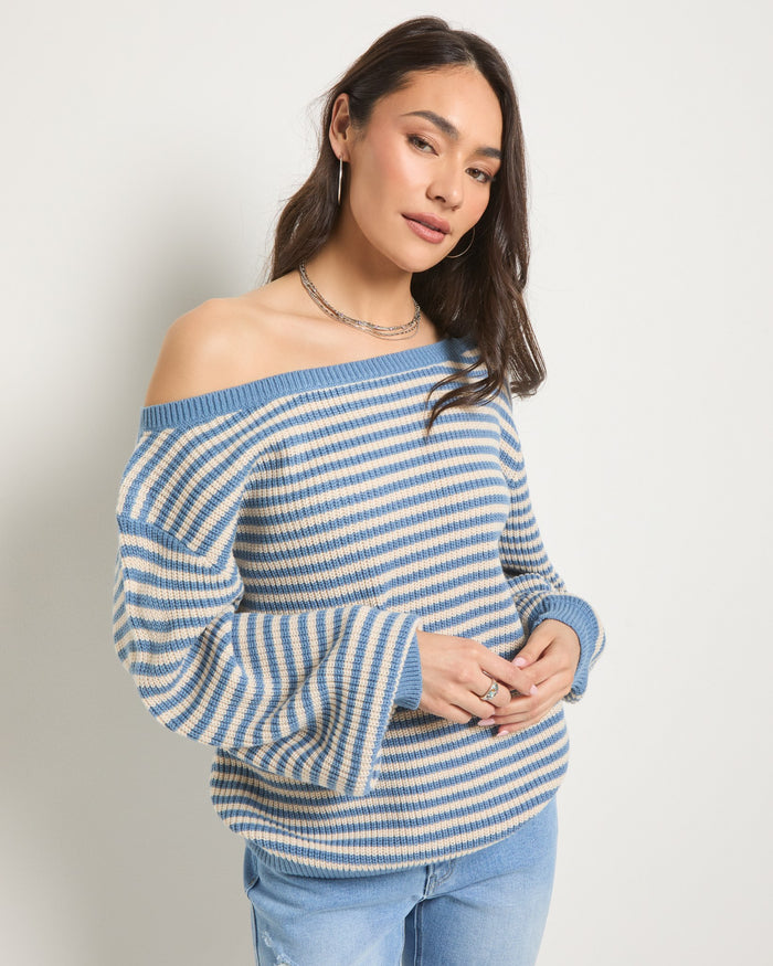 Country Blue/Cream $|& SEAS Sandy Boat Neck Sweater - SOF Front