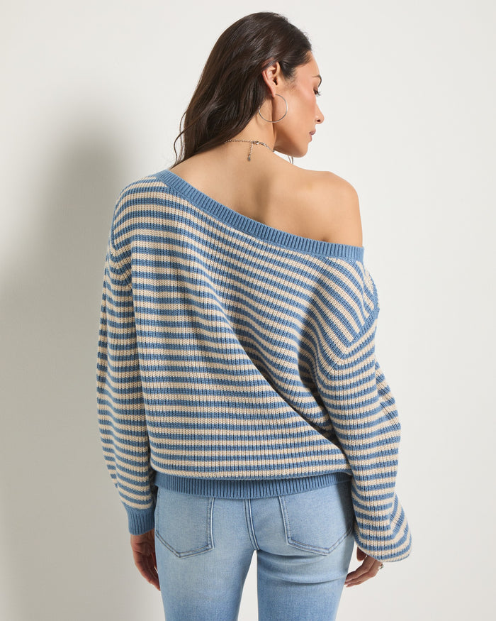 Country Blue/Cream $|& SEAS Sandy Boat Neck Sweater - SOF Back