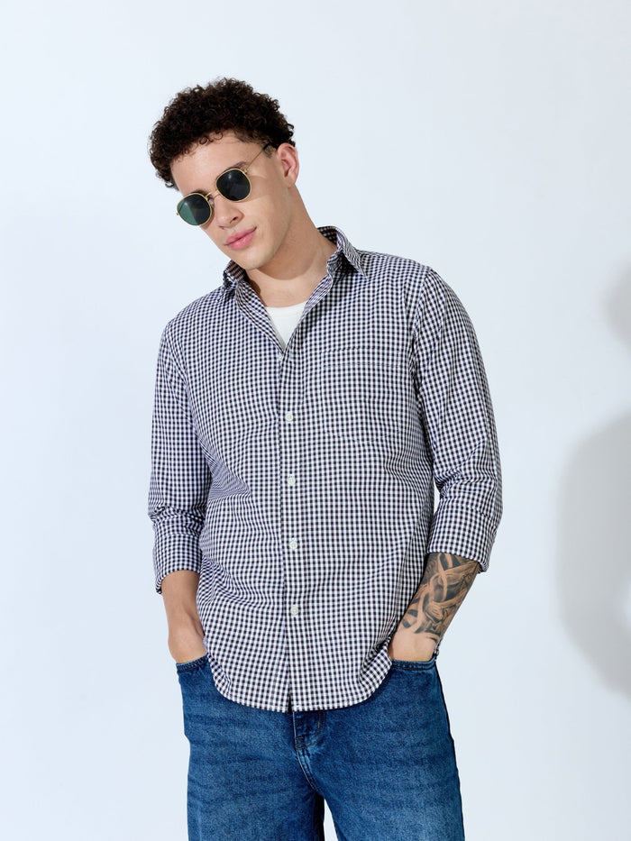 Sara - 100% Cotton Gingham Shirt - Dark Coffee
