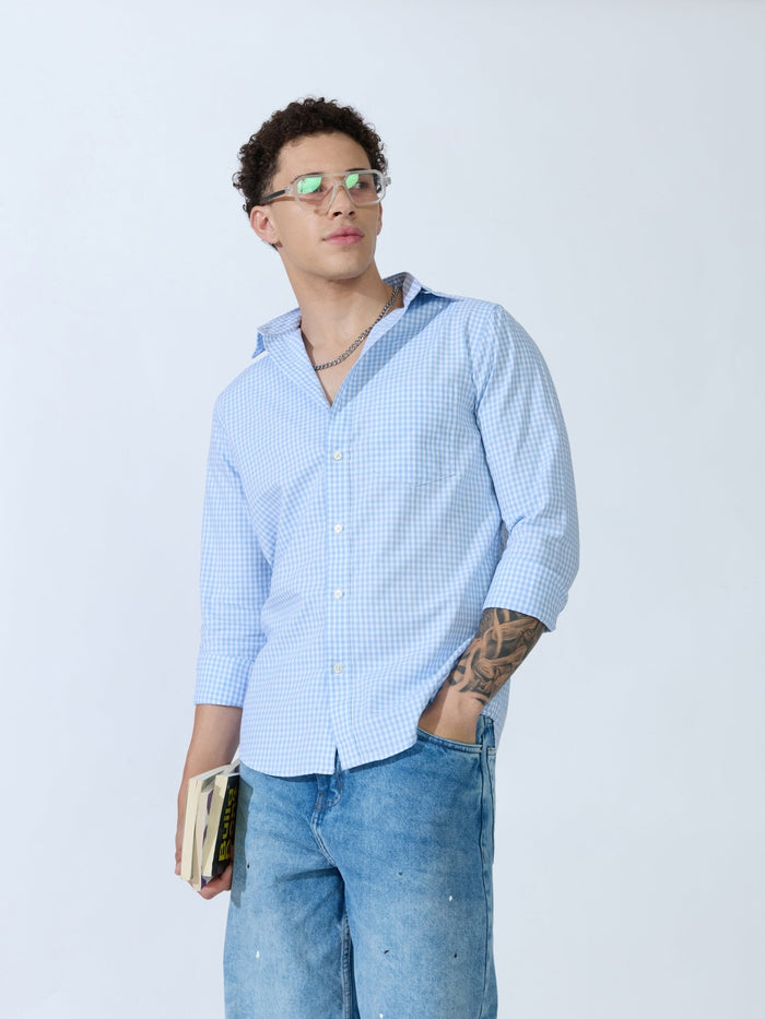 Sara - 100% Cotton Gingham Shirt - Light Blue