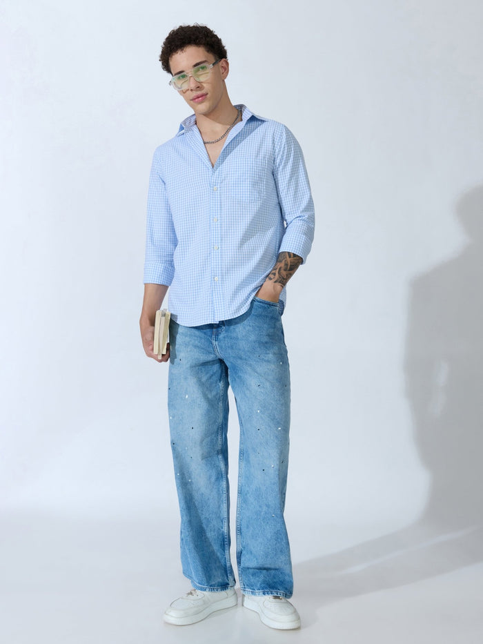 Sara - 100% Cotton Gingham Shirt - Light Blue