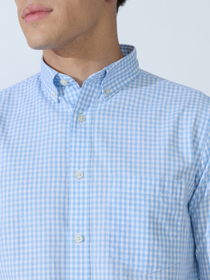 Sara - 100% Cotton Gingham Shirt - Light Blue