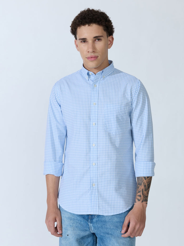 Sara - 100% Cotton Gingham Shirt - Light Blue