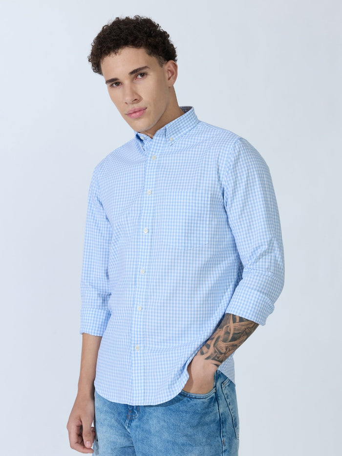 Sara - 100% Cotton Gingham Shirt - Light Blue