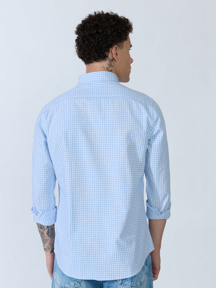 Sara - 100% Cotton Gingham Shirt - Light Blue