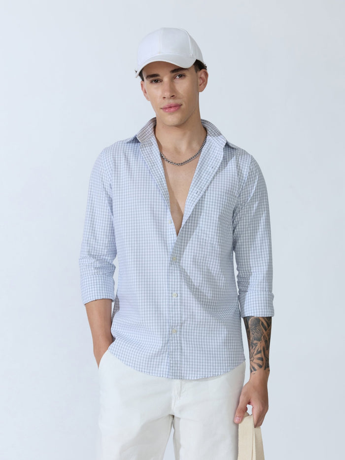 Sara - 100% Cotton Gingham Shirt - Light Grey