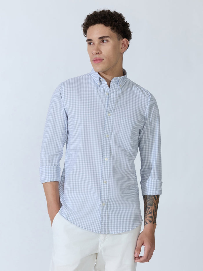 Sara - 100% Cotton Gingham Shirt - Light Grey