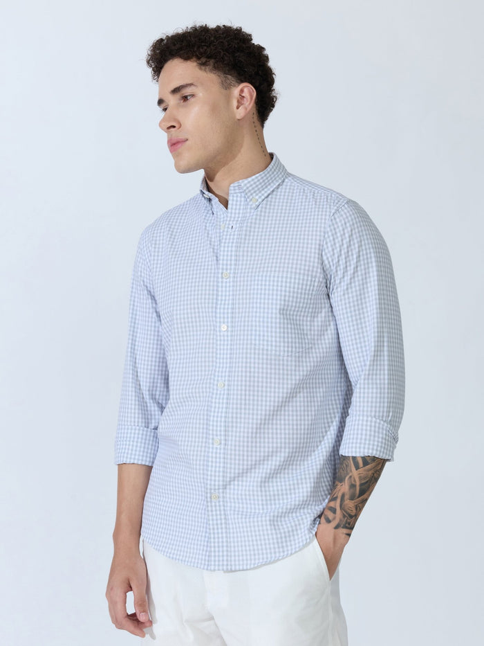 Sara - 100% Cotton Gingham Shirt - Light Grey