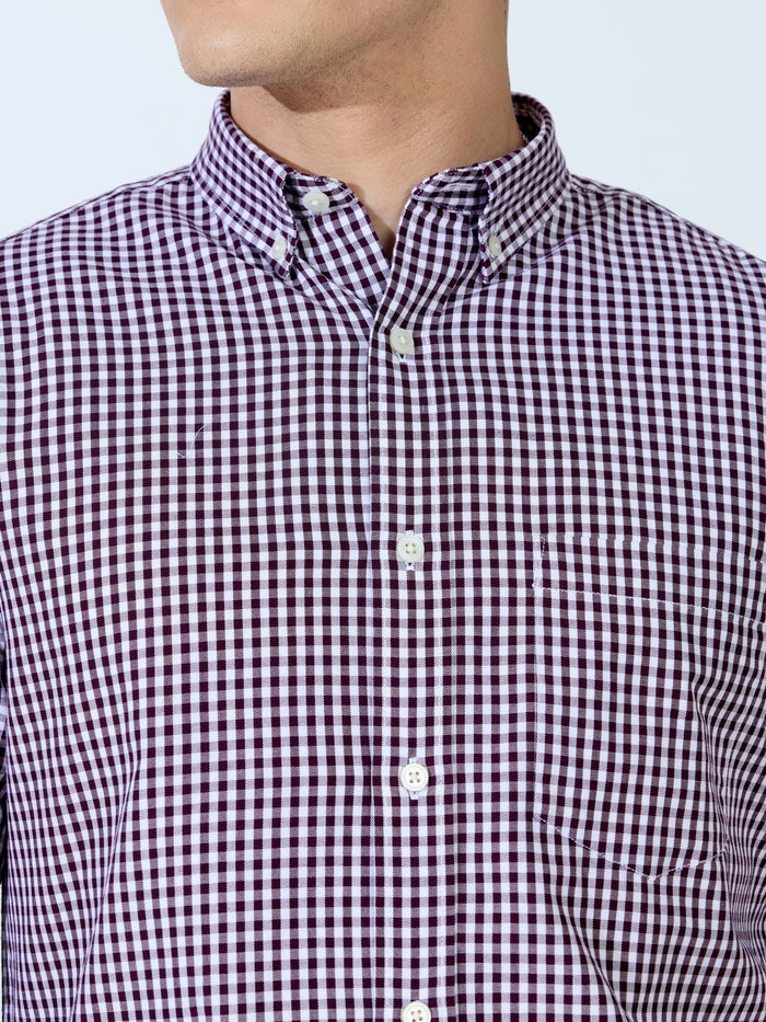 Sara - 100% Cotton Gingham Shirt - Wine