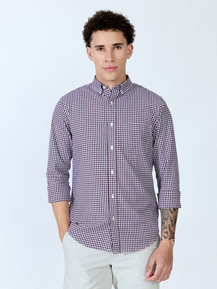 Sara - 100% Cotton Gingham Shirt - Wine