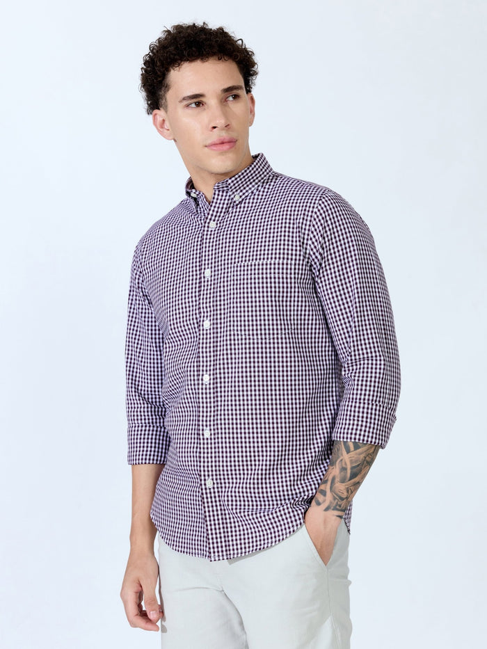 Sara - 100% Cotton Gingham Shirt - Wine