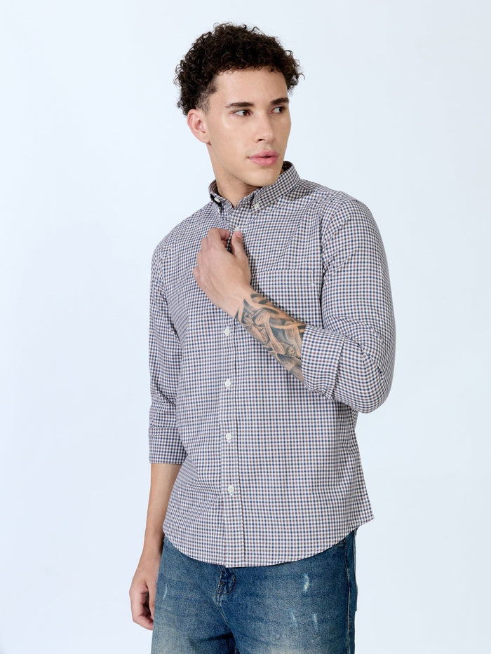 Saran - Turkish Fit Mini Checks Shirt - Brown