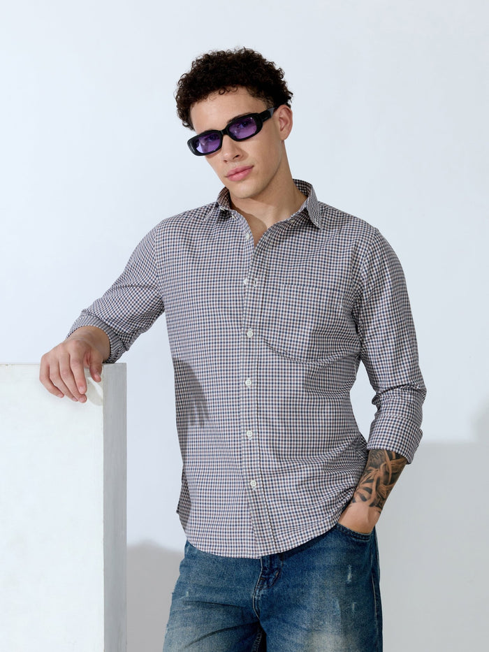 Saran - Turkish Fit Mini Checks Shirt - Brown