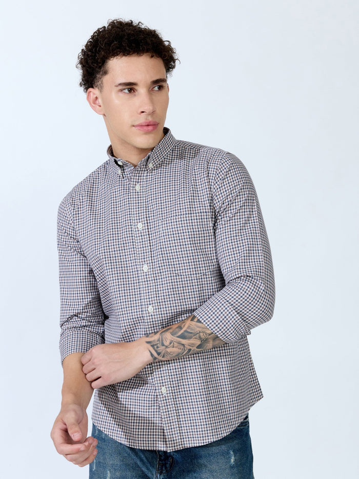 Saran - Turkish Fit Mini Checks Shirt - Brown