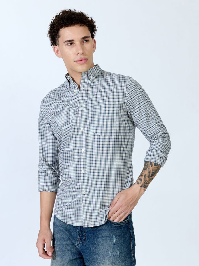Saran - Turkish Fit Mini Checks Shirt - Light Green