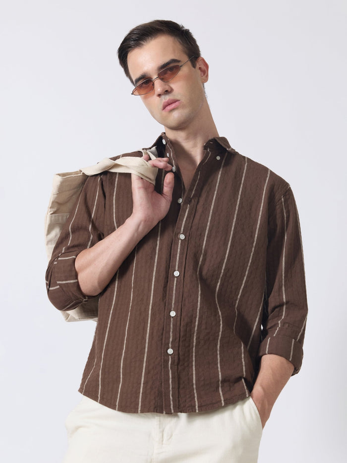 Sata - Textured Stripe Shirt - Dark Brown