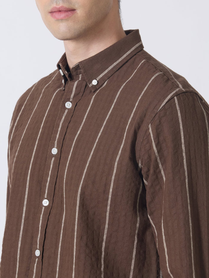 Sata - Textured Stripe Shirt - Dark Brown