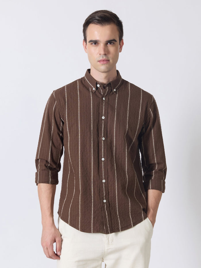 Sata - Textured Stripe Shirt - Dark Brown