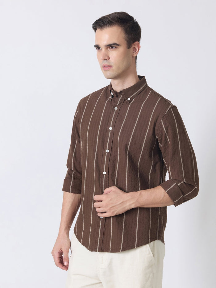 Sata - Textured Stripe Shirt - Dark Brown