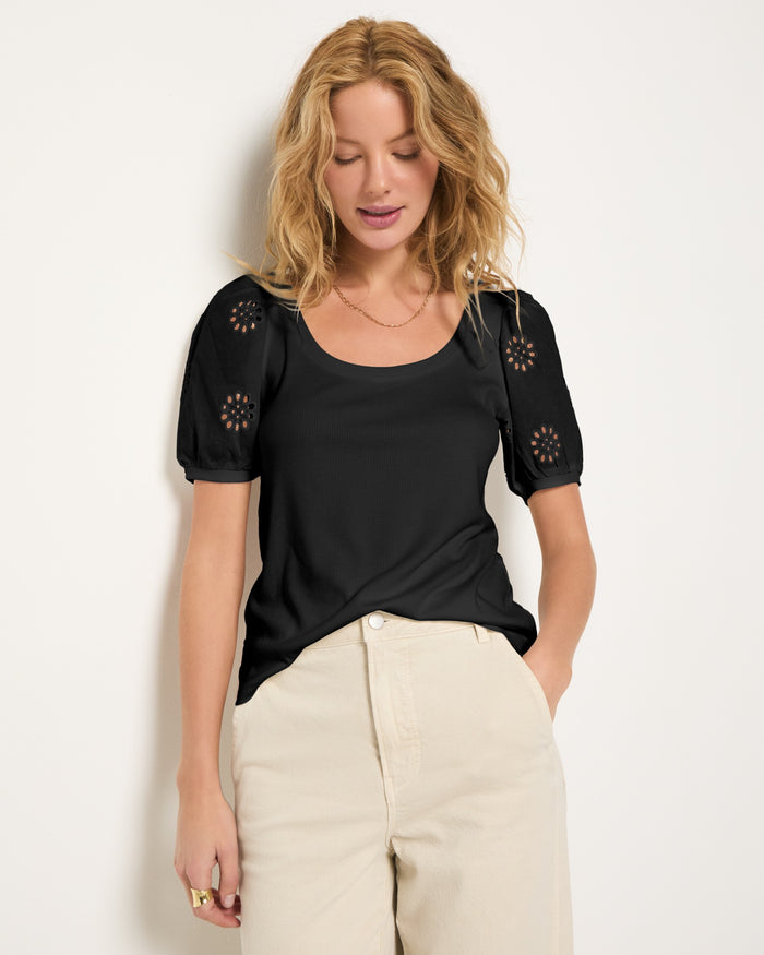 Black $|& SEAS Seaglass Eyelet Sleeve Tee - SOF Front