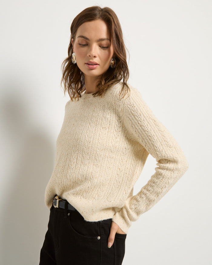 Cream $|& SEAS Sequin Crewneck Sweater - SOF Full Front