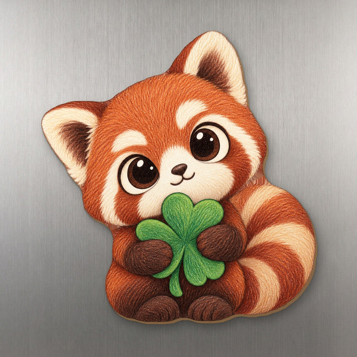 Sham-rockin' Red Panda wood magnet M258 on a stainless steel fridge, made in USA