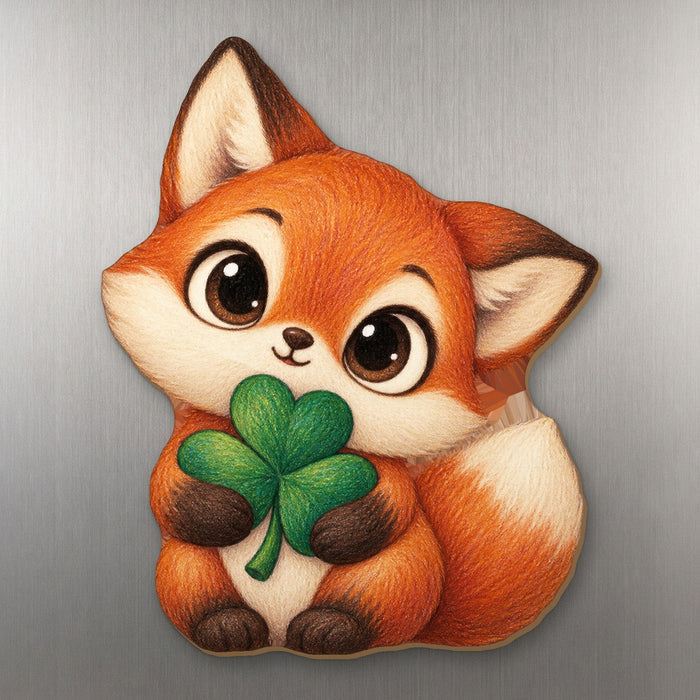 Shamrock 'n' Roll Fox wood magnet M251 on a stainless steel fridge, made in USA