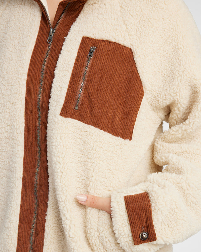 Cream/Brown $|& Herizon Sherpa Jacket with Corduroy Pocket - SOF Detail