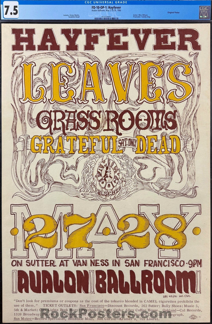 AUCTION - FD-10 - "Hayfever" - Grateful Dead - Wes Wilson - 1966 Poster - Avalon Ballroom - CGC Graded 7.5-5173534-3860447