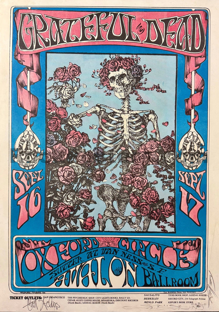 AUCTION - FD-26 - Grateful Dead - Signed Mouse, Kelley & Chet Helms - 1st Print Skeleton & Roses - 1966 Poster - Avalon Ballroom - Very Good-5206224-3883544