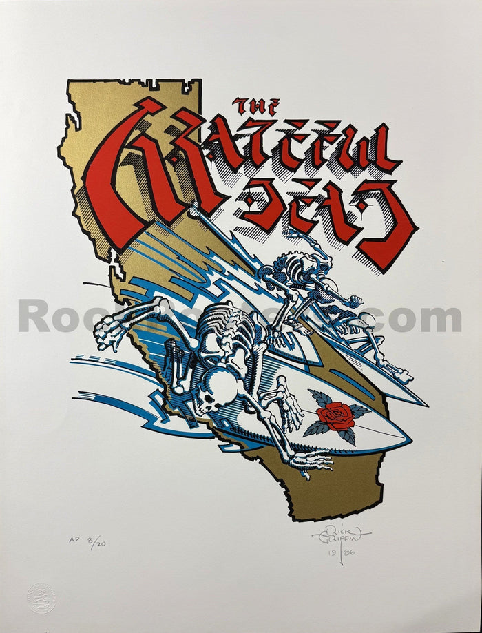 AUCTION - Grateful Dead - California Surfing Skeletons - Signed by Rick Griffin - 1986  Lithograph - Excellent-5282749-3942702