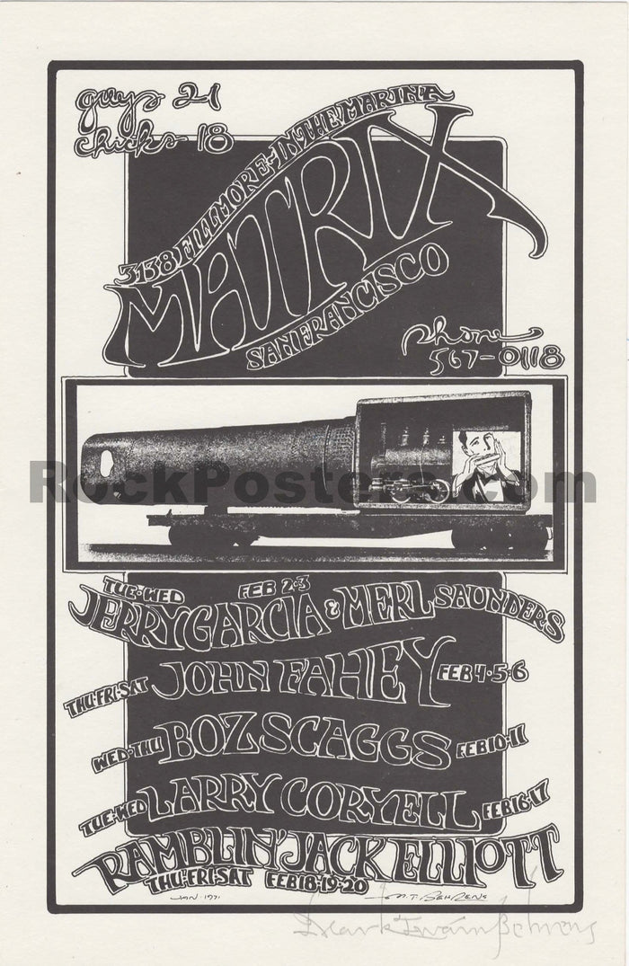 AUCTION - AOR 2.106 - Jerry Garcia/John Fahey - 1971 Artist Signed Handbill - The Matrix - Near Mint-5231528-3905779