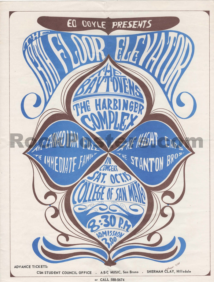 AUCTION - 13th Floor Elevators - 1966 Handbill - College of San Mateo - Excellent-5231592-3905790