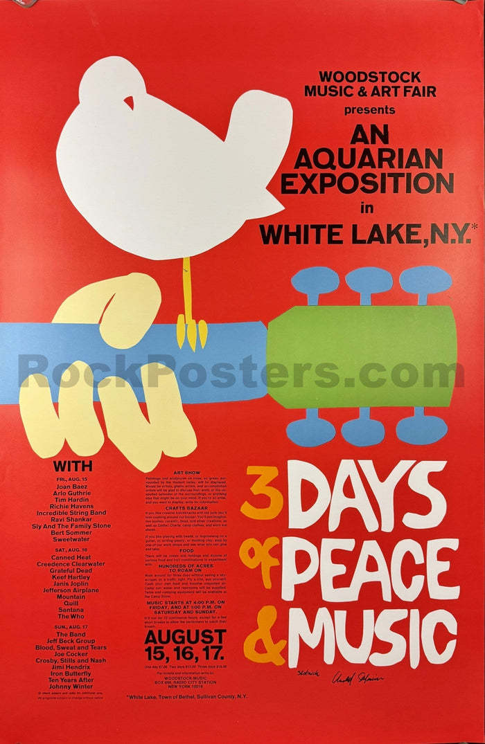 AUCTION - AOR 3.1 - Woodstock Festival - Signed by Arnold Skolnick - 1969 Poster - Excellent-5282756-3942748